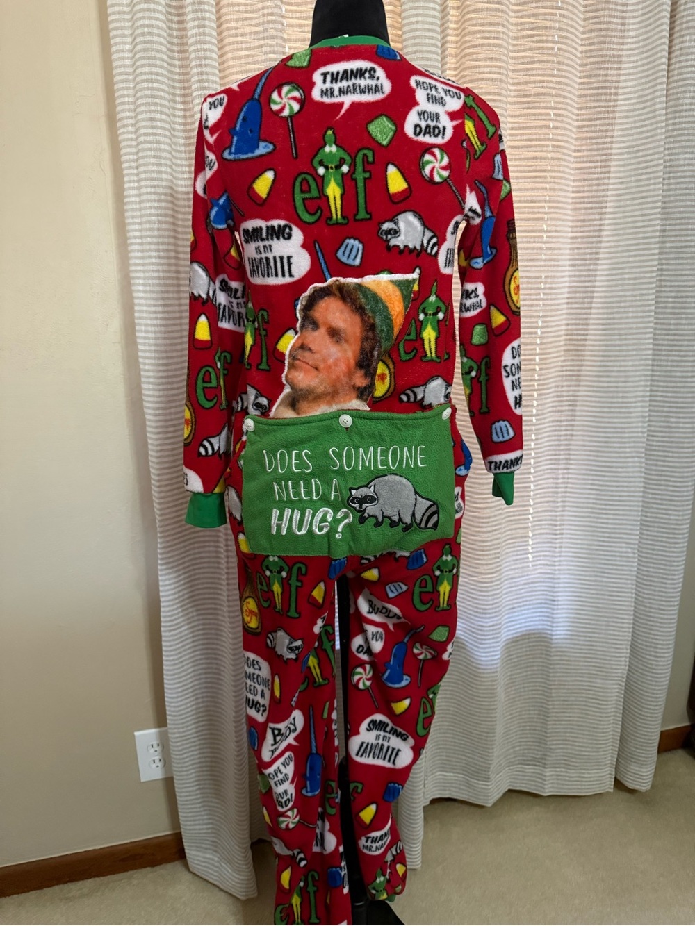 ELF Red and Green Holiday Pajama One-Piece with Pocket